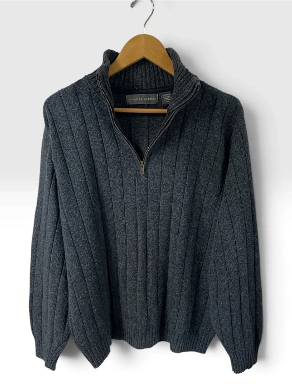 Oscar De La Renta Men’s Quarter-Zip Ribbed Pullover Sweater in Charcoal Gray XL - Picture 2 of 11